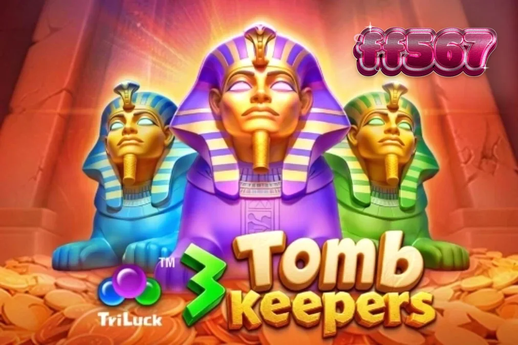 Interface do jogo de slot 3 Tomb Keepers com estátuas de faraós e símbolos egípcios